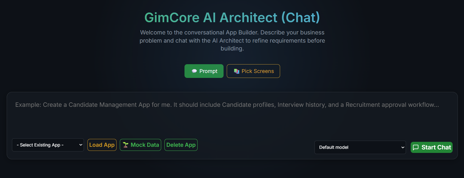 The GimCore AI Architect with a business requirement typed in, ready to build