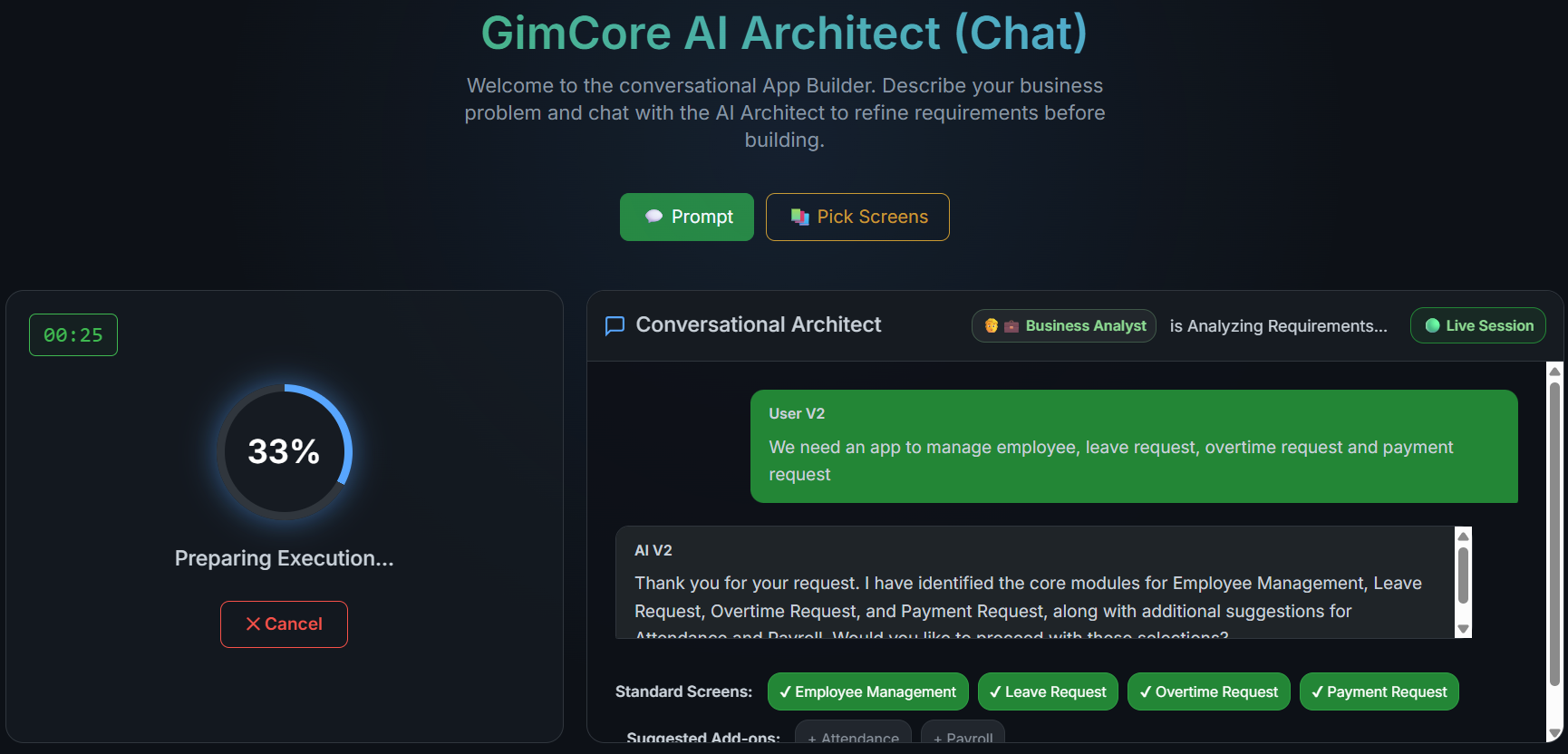 The conversational architect turns one sentence into four proposed screens plus two suggested add-ons, and waits