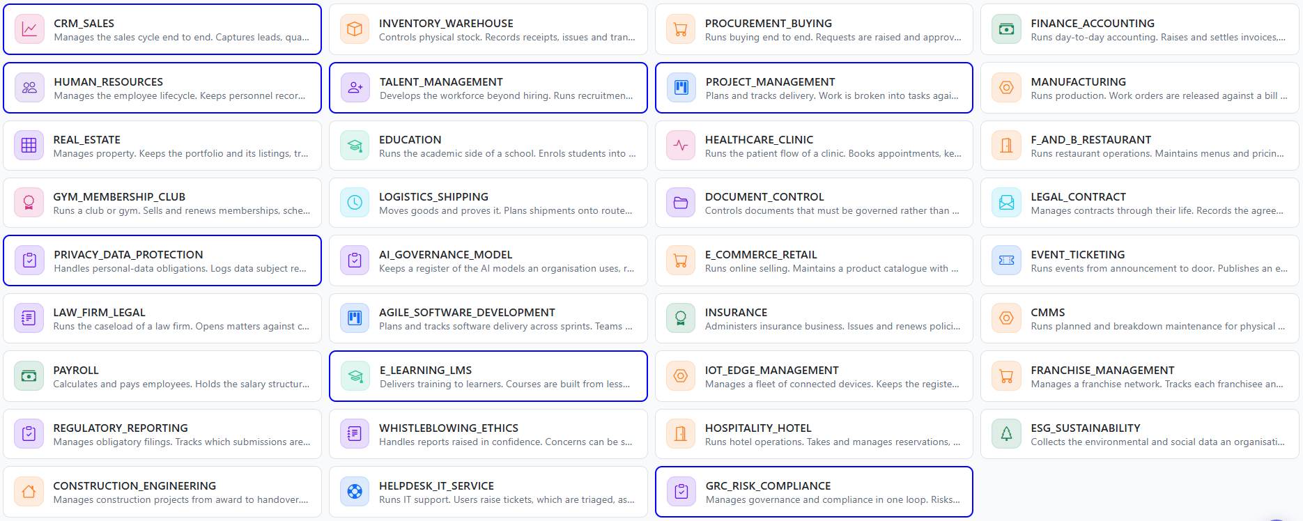 The module catalogue: thirty-five modules from CRM and HR to manufacturing, healthcare, legal, insurance and ESG, each with a one-line description