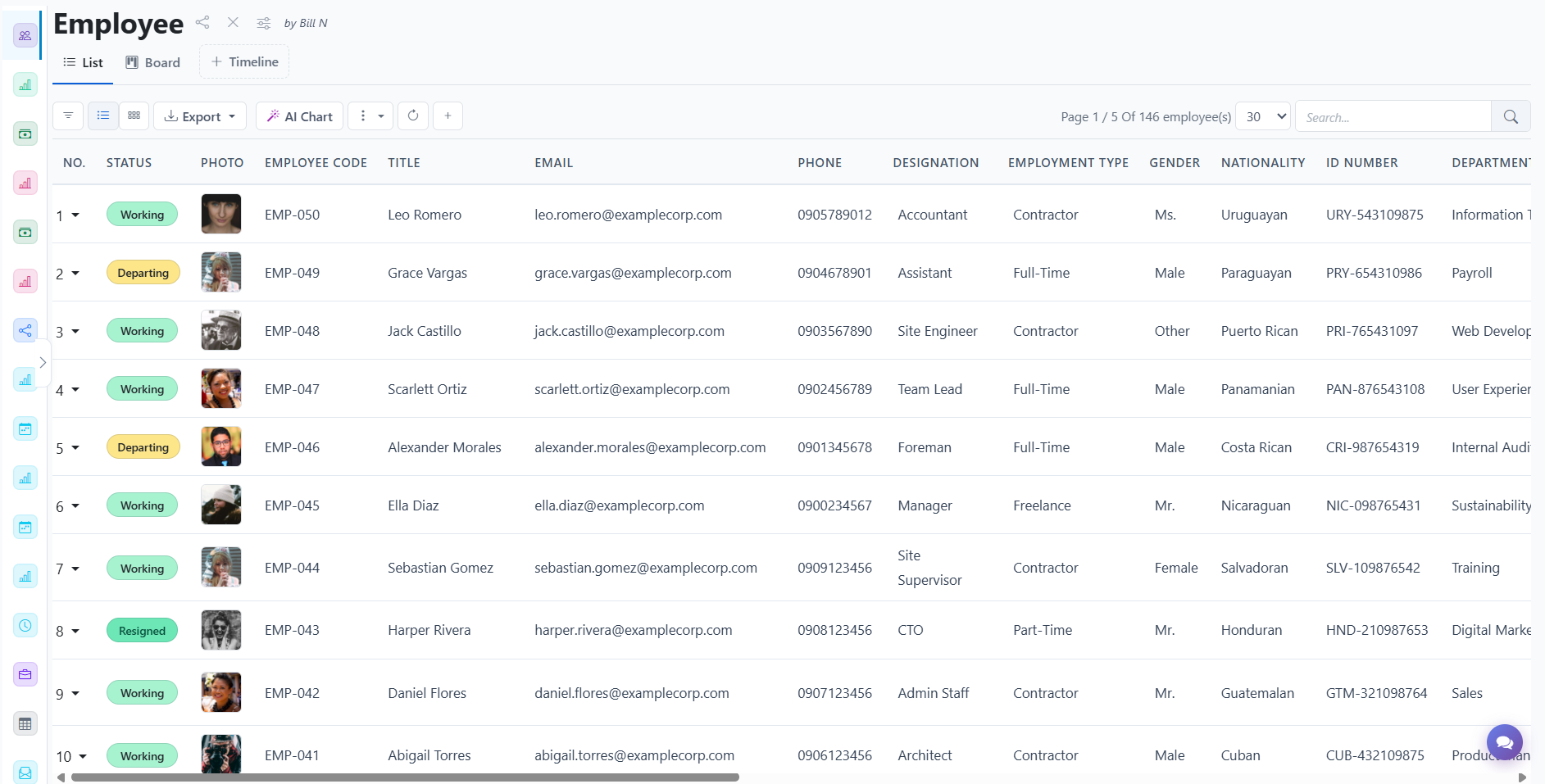 Employee list: photo, status, code, name, contact and department columns with search, filter, export and paging