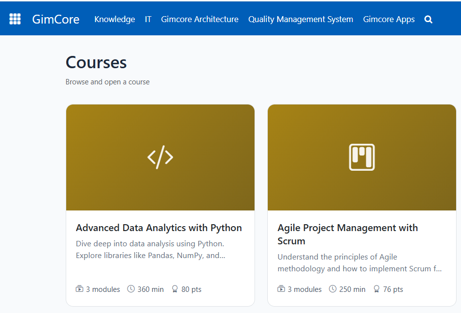 A course catalogue with two courses, each showing its module count, duration and points